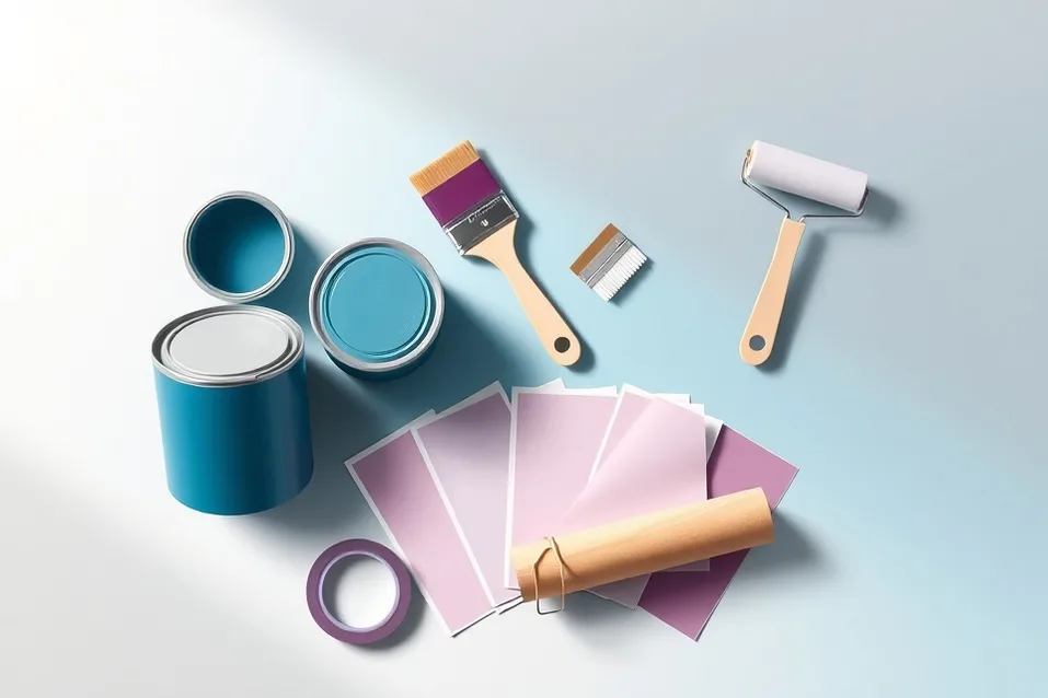 Pots de peinture, nuancier, brosses et rouleaux disposés à plat