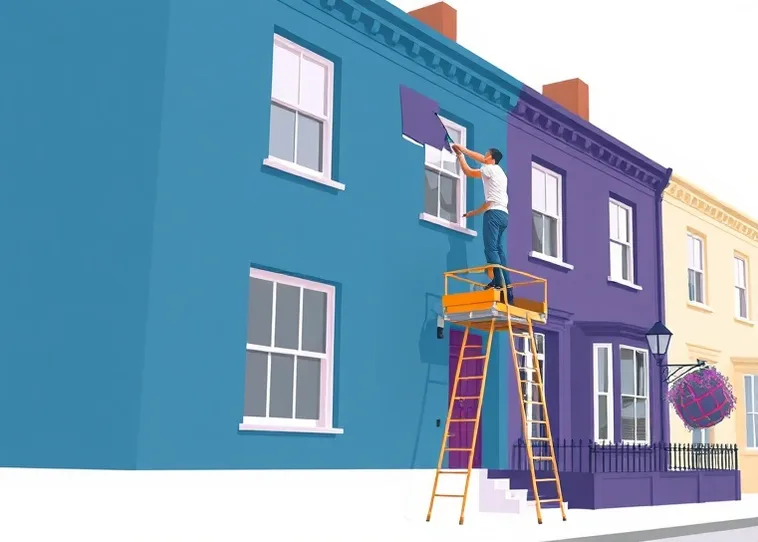 Peintre sur échafaudage traitant la façade d'une maison